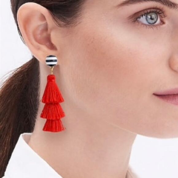 J. Crew Blue White Striped Three Tier Red Tassel Earrings - Picture 8 of 8